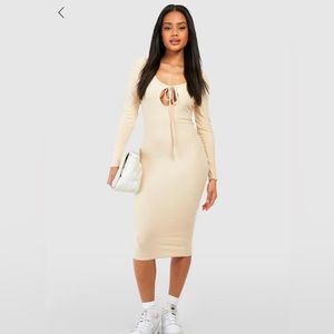 Boohoo Long Sleeve Midi Dress Cream Size 12 (L)